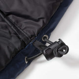 Close up of navy jacket, showing texture of the nylon fabric