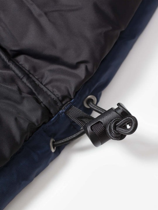 Close up of navy jacket, showing texture of the nylon fabric