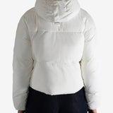 white down jacket，worn by a person, showing the down jacket fit