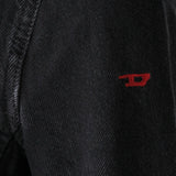 Close up of Black jacket, showing texture of the 82% cotton/ 18% lyocell fabric