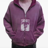 Purple hoodie worn by a person, showing the hoodie fit