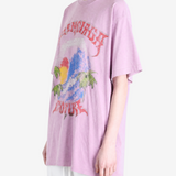 Purple t-shirt worn by a person, showing the t-shirt fit