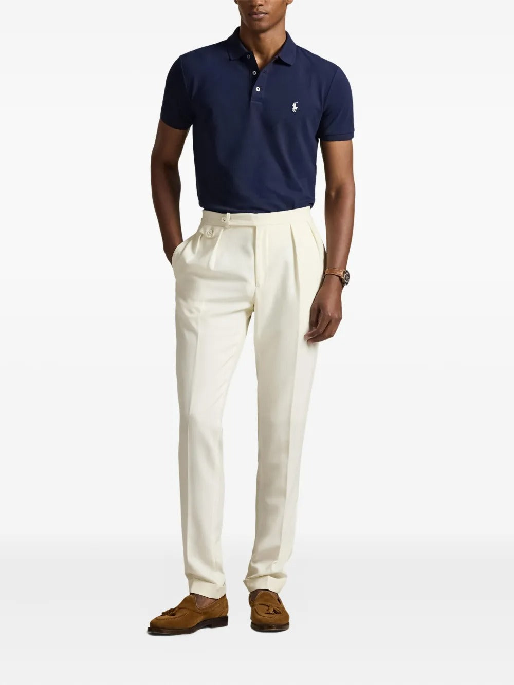 Navy shirt, full body view