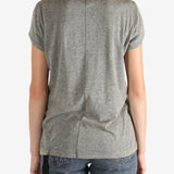 Grey t-shirt worn by a person, showing the shirt's fit