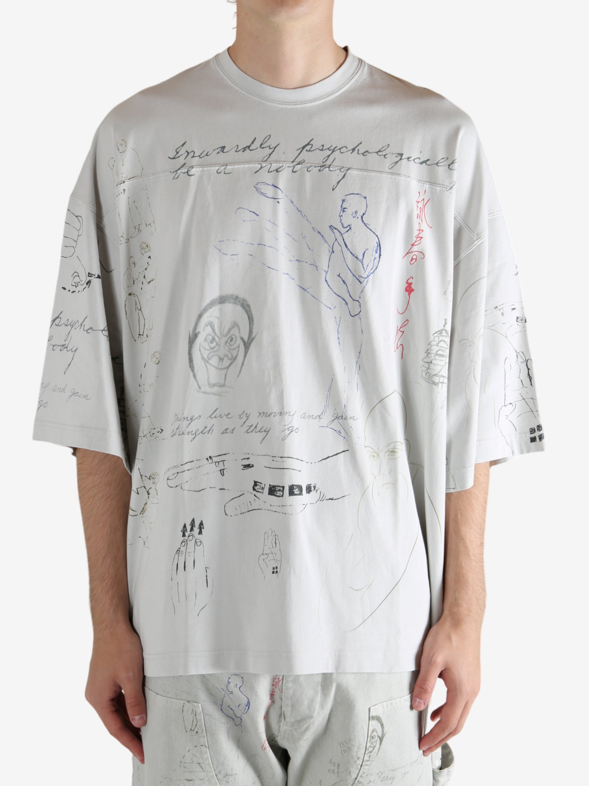 Grey T-shirt worn by a person, showing the T-shirt's fit