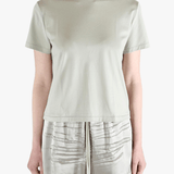 Grey t-shirt worn by a person, showing the shirt's fit