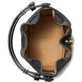 Close up of the black bag, showing texture of the leather fabric