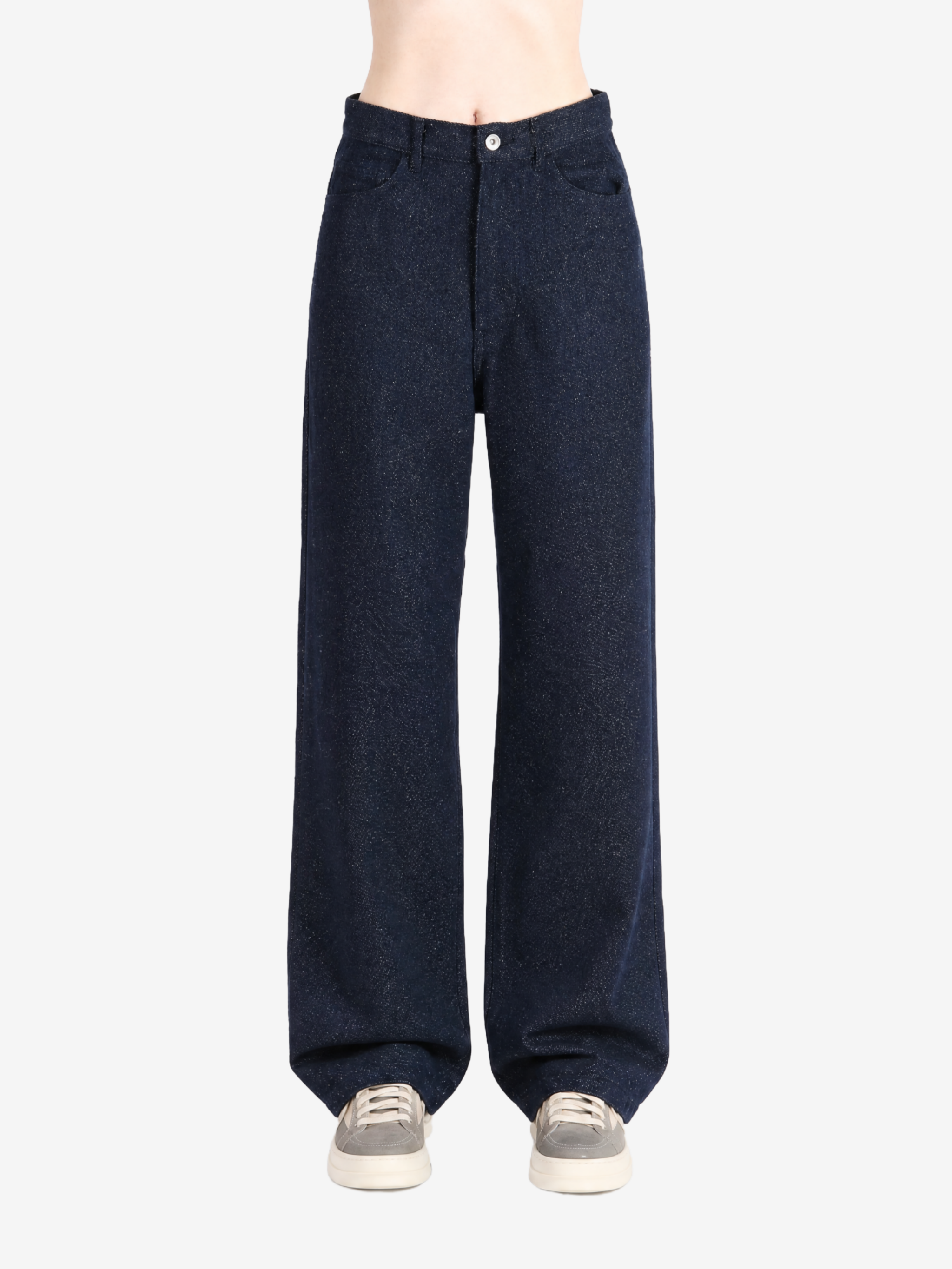 Navy pants, full body view