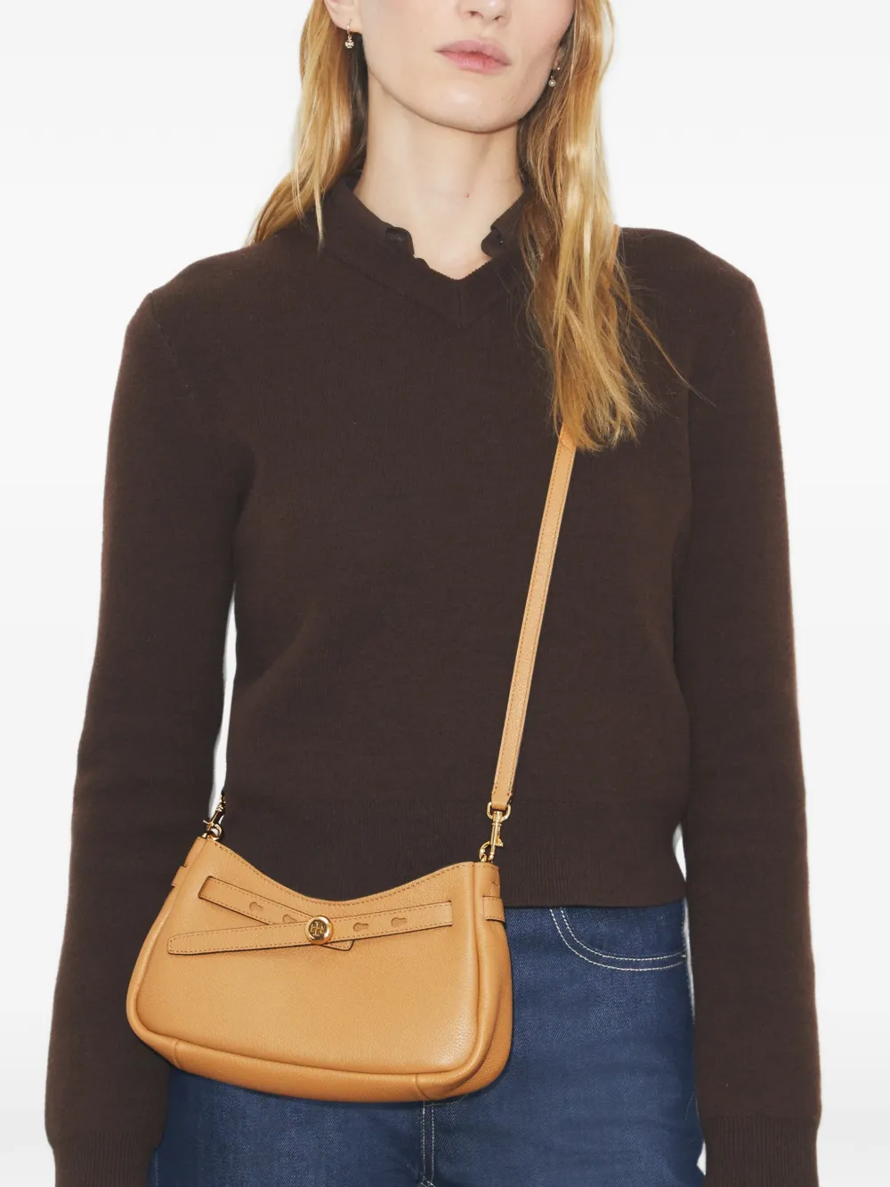 Brown bag worn by a person, showing the bag's fit
