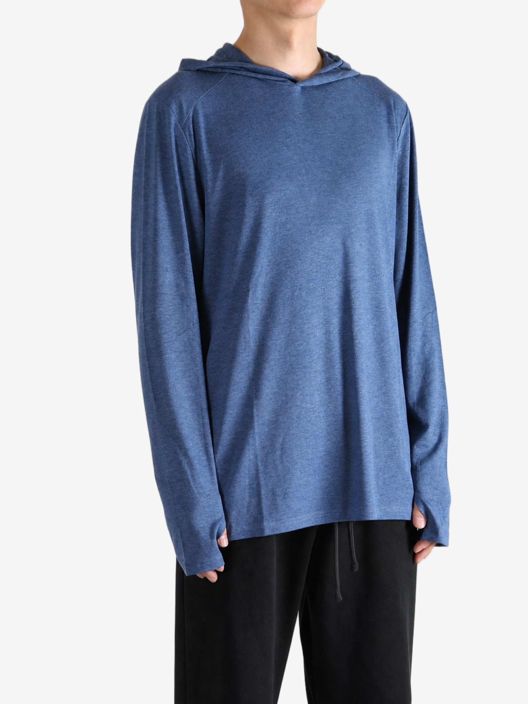 Blue hoodie, full body view