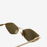 Close up of the green sunglasses, showing texture of the metal fabric