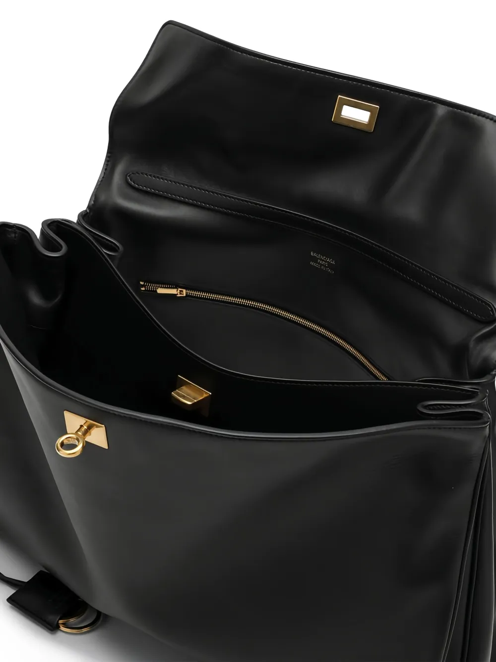 Close up of black bag, showing texture of the leather fabric