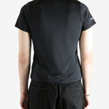 black shirts worn by a person, showing the shirts fit