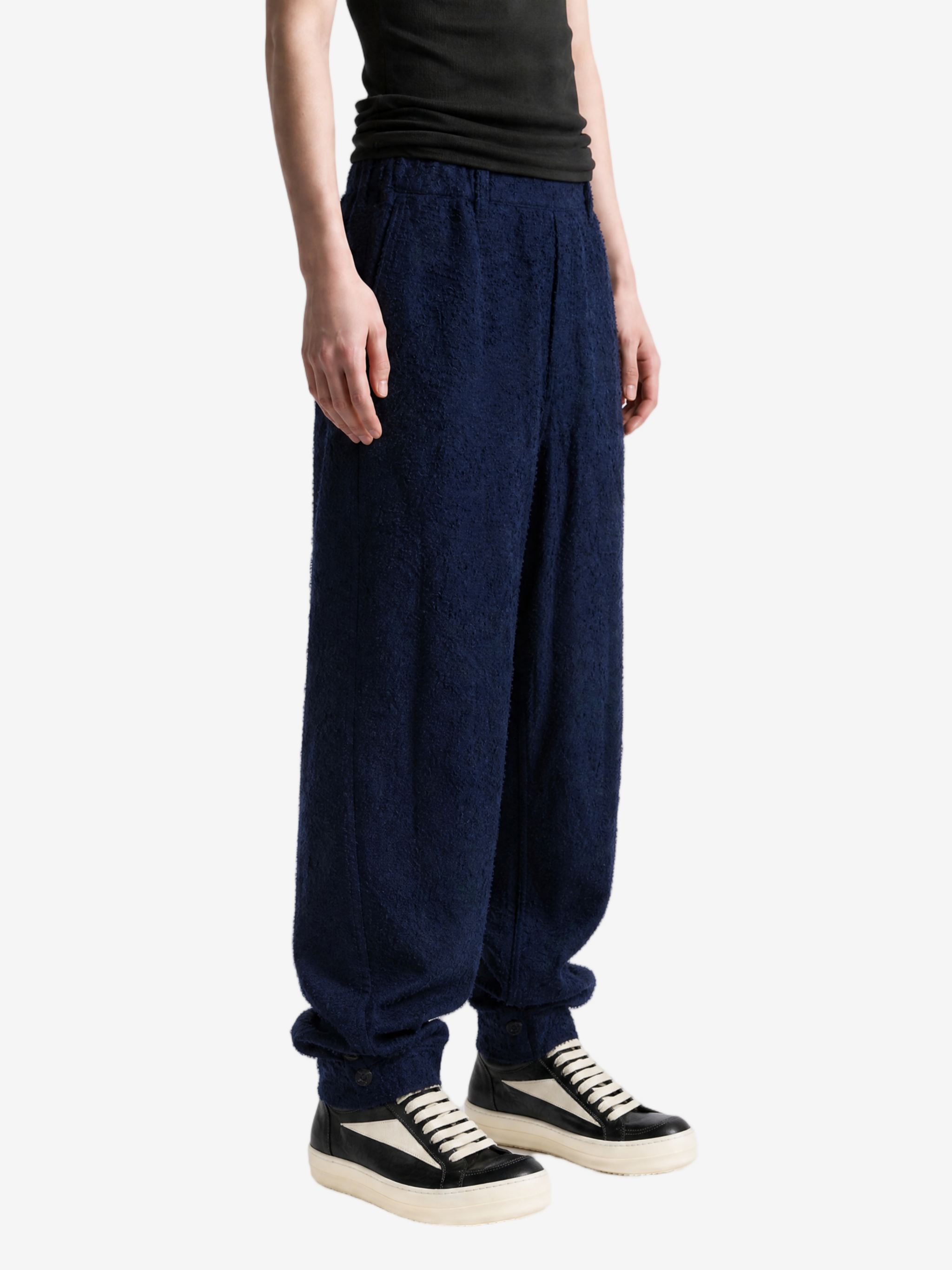 Navy pants, full body view
