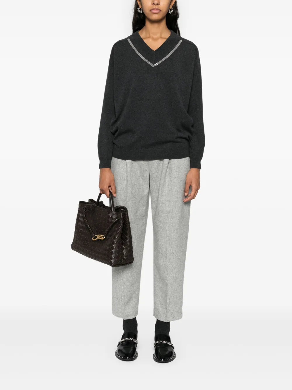 Grey pants, full body view