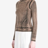 Brown t-shirt worn by a person, showing the t-shirt fit