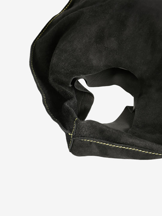 Close up of black bag, showing texture of the calfskin fabric