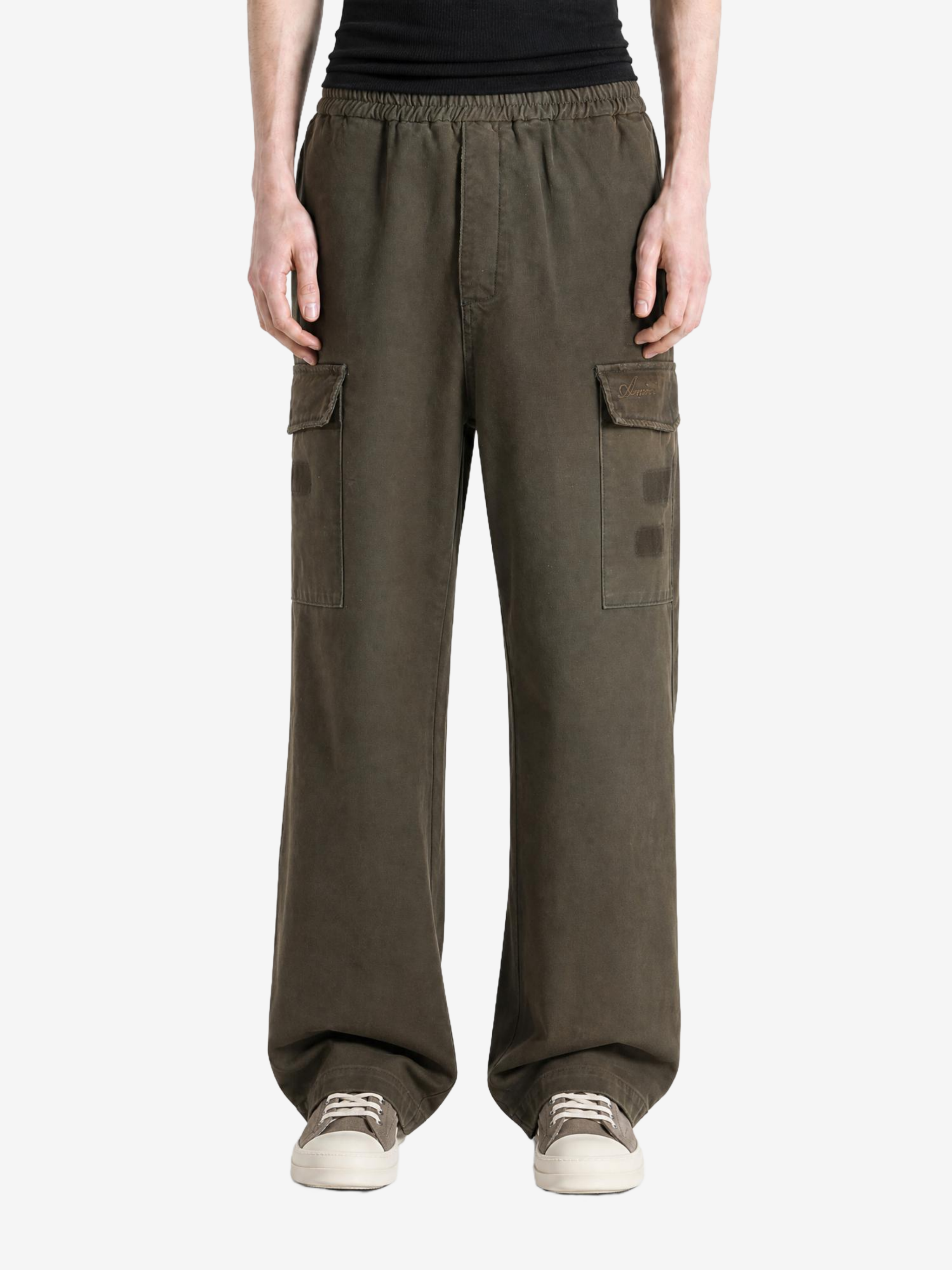 Green pants, full body view