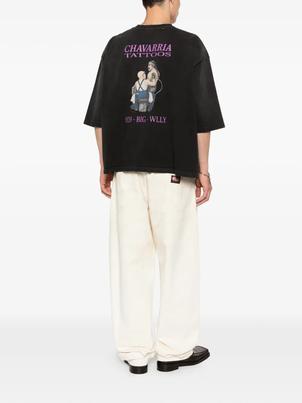 black t-shirt, full body view