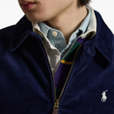 Close up of the blue jacket, showing  texture of the cotton
