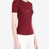 Burgundy t-shirt worn by a person, showing the t-shirt fit
