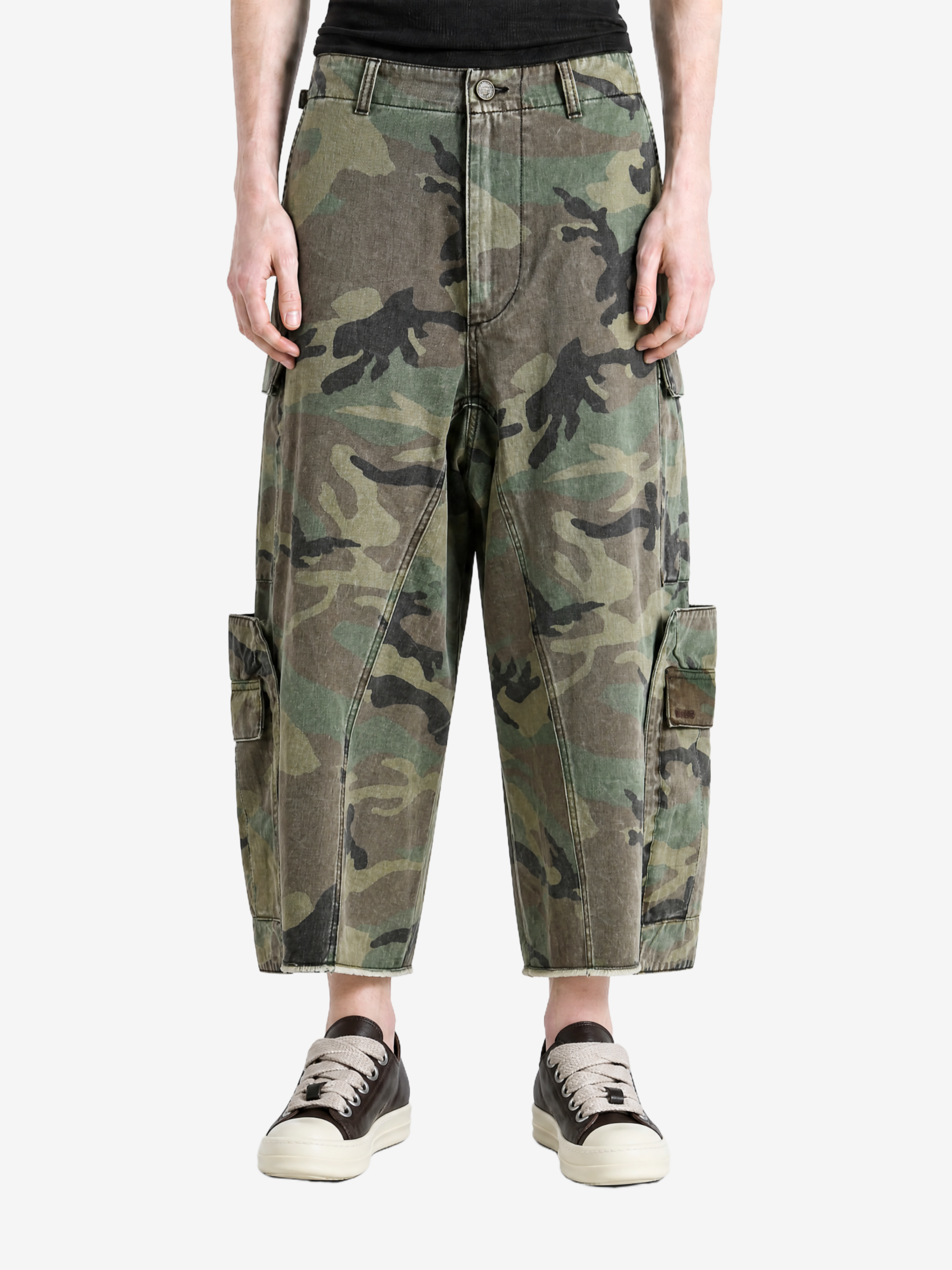 Green pants, full body view