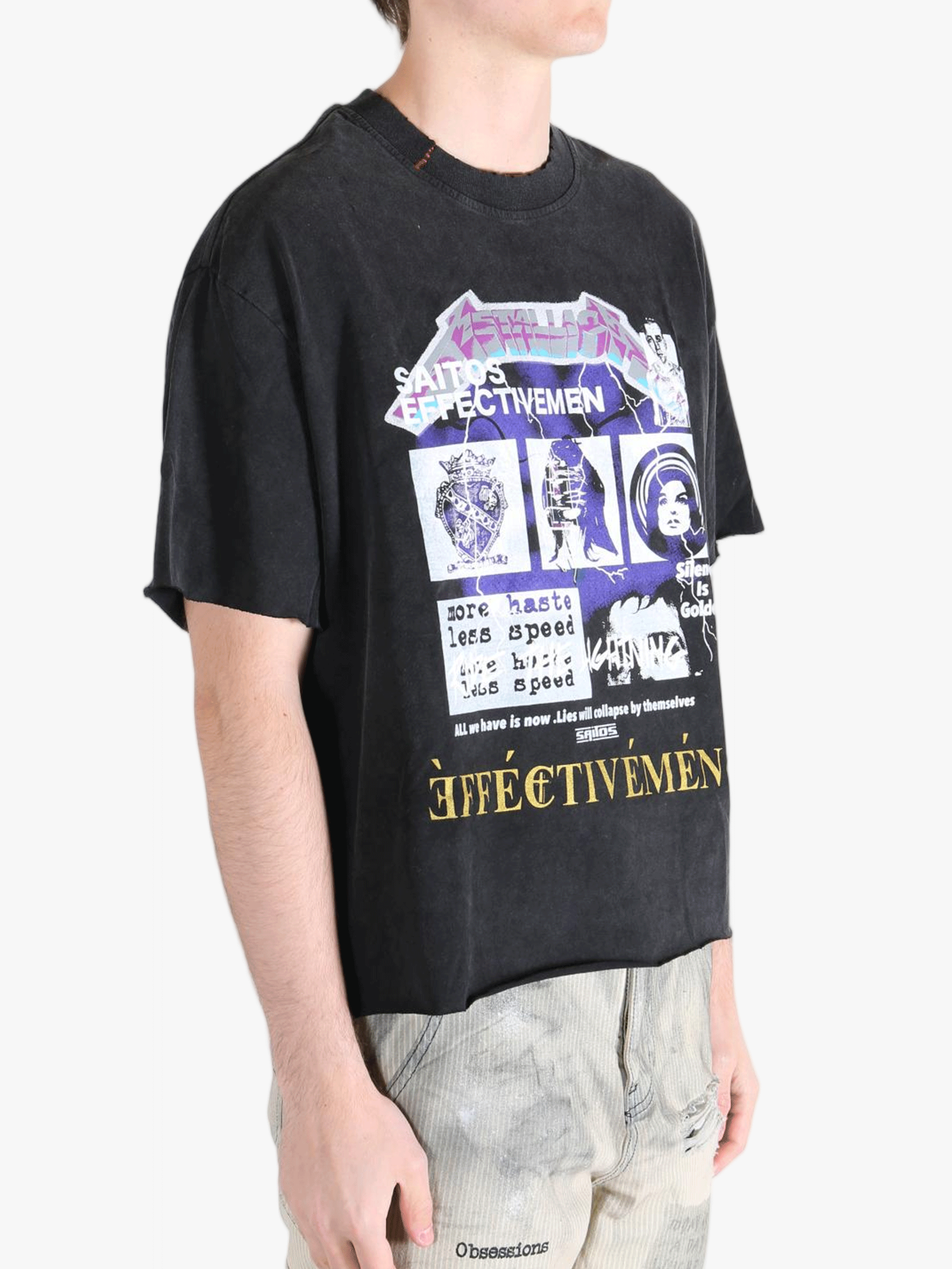 Black t-shirt worn by a person, showing the t-shirt's fit