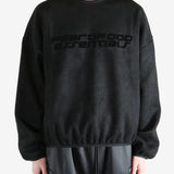 Black sweatshirt worn by a person, showing the sweatshirt's fit