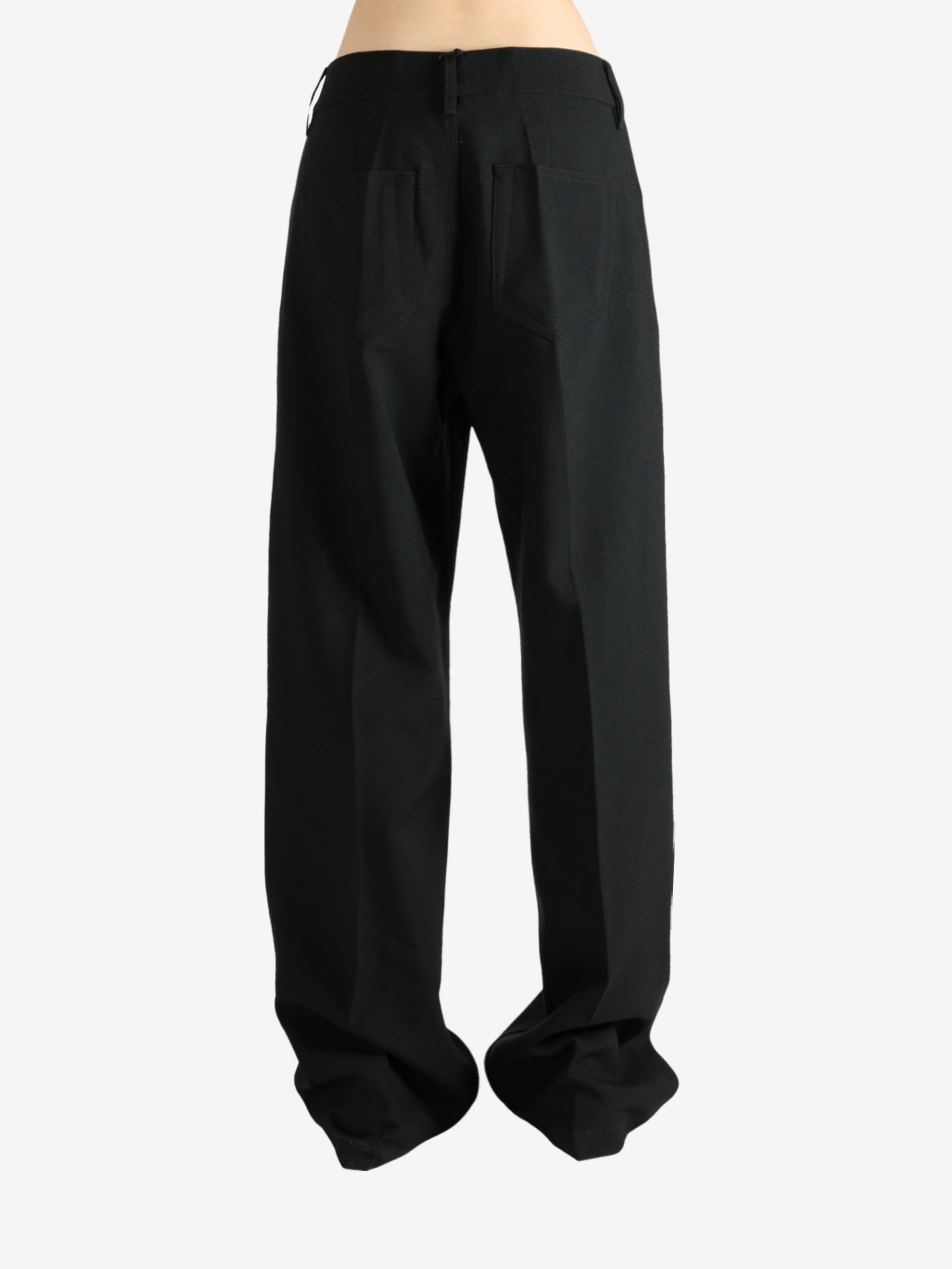 Black pants worn by a person, showing the pants fit