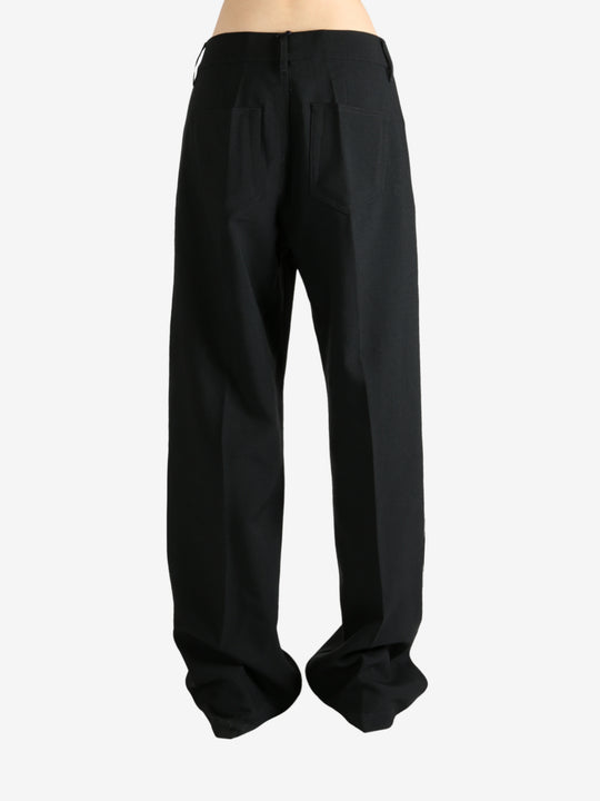 Black pants worn by a person, showing the pants fit