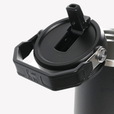 Close up of balck tumbler, showing texture of the steel fabric