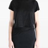 Black t-shirt worn by a person, showing the t-shirt fit