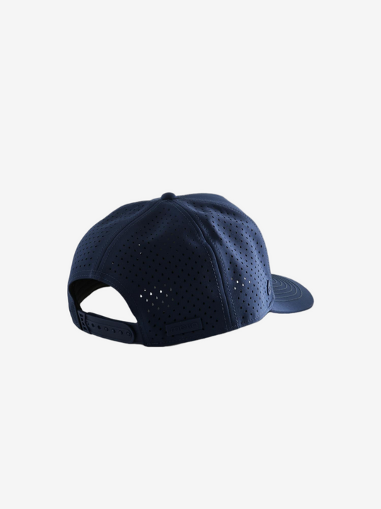 Navy hat, back view