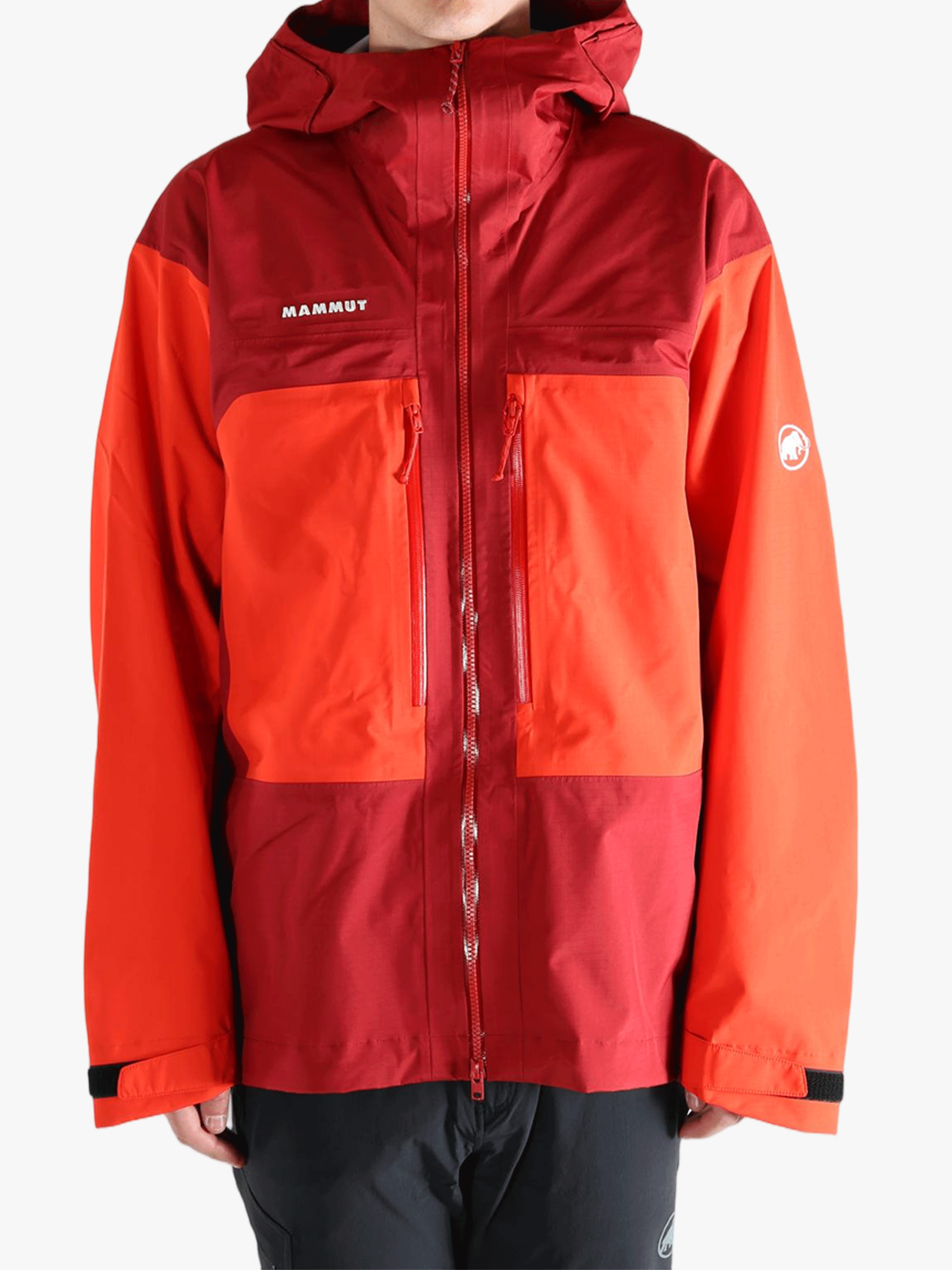 Red and orange jacket worn by a person, showing the jacket fit