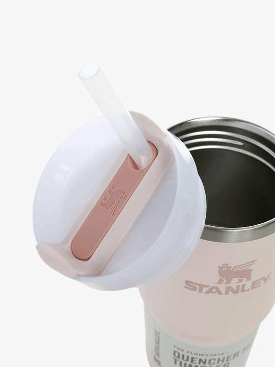 Close up of pink tumbler, showing texture of the stainless steel fabric