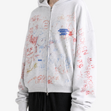 Grey hoodie worn by a person, showing the hoodie fit
