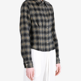 Brown shirt worn by a person, showing the shirt fit