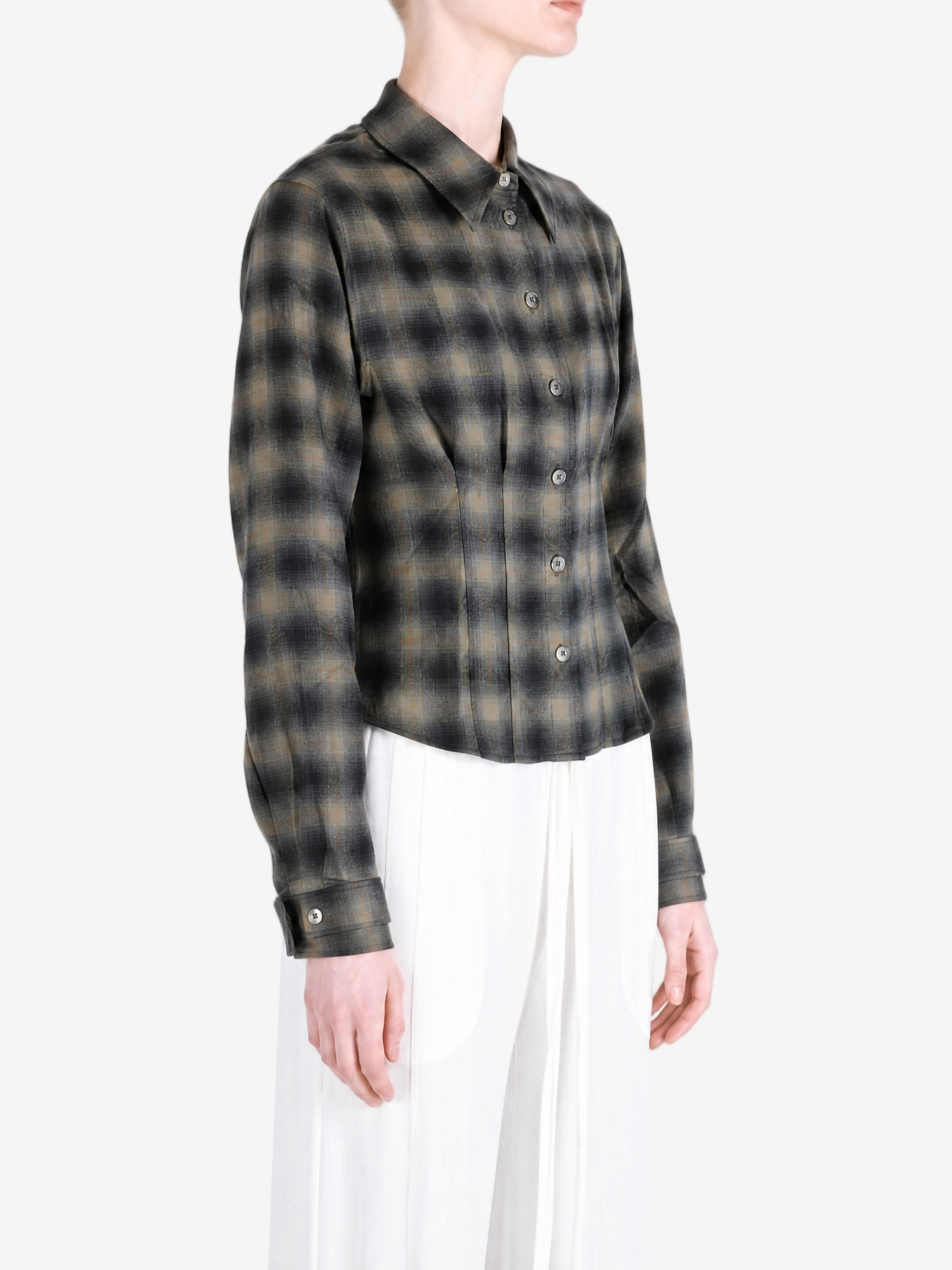 Brown shirt worn by a person, showing the shirt fit