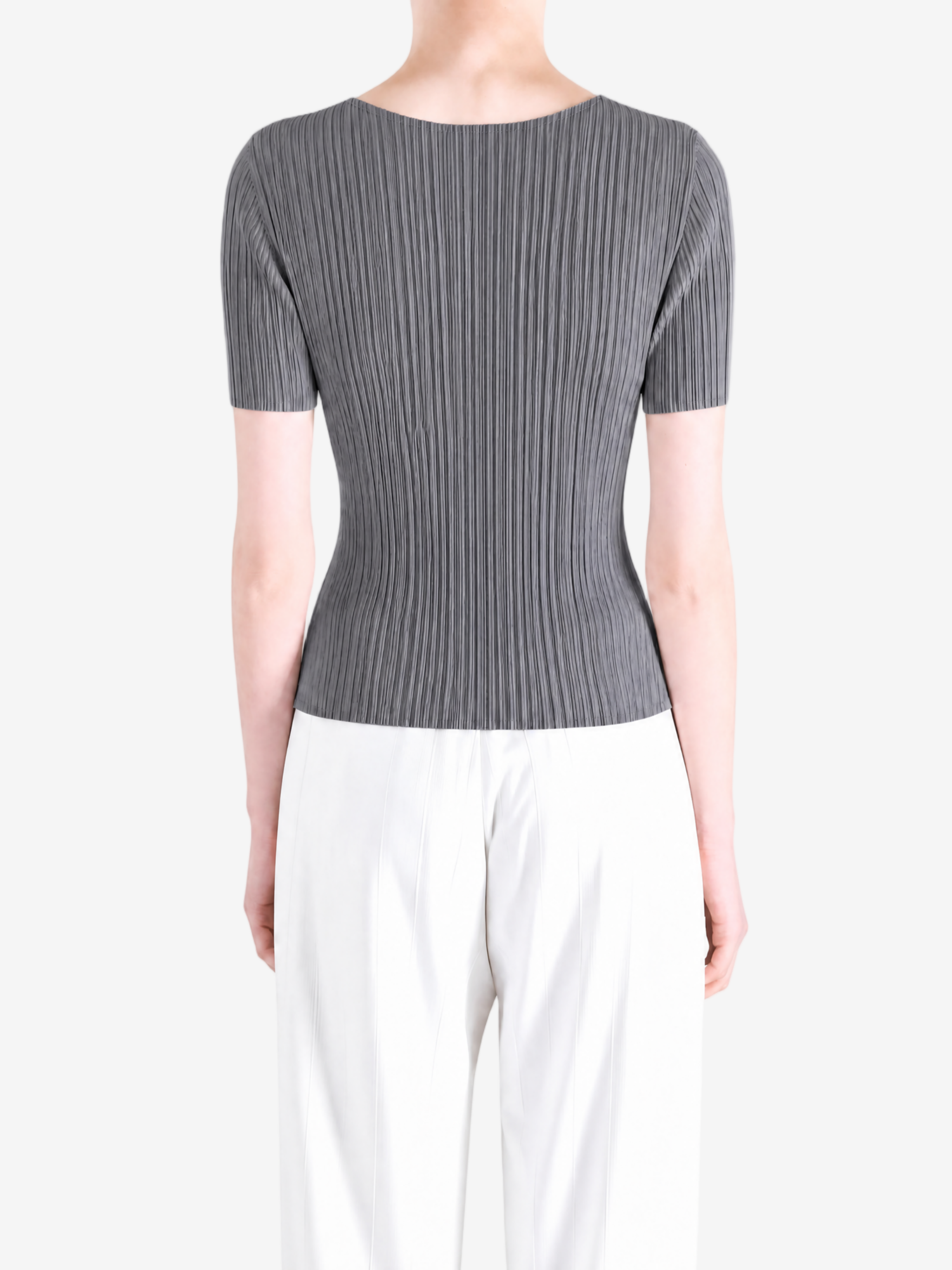 Grey shirt worn by a person, showing the shirt fit