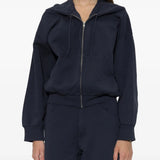 Navy jacket, full body view