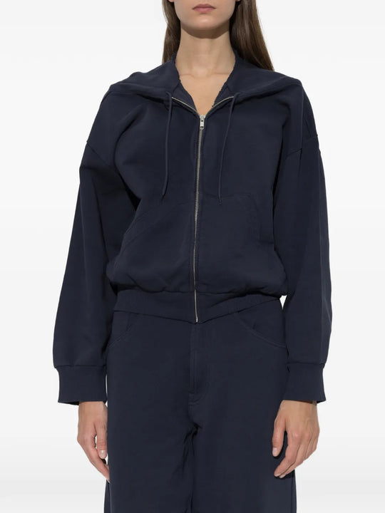 Navy jacket, full body view