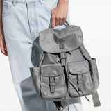Grey backpack worn by a person, showing the backpack fit