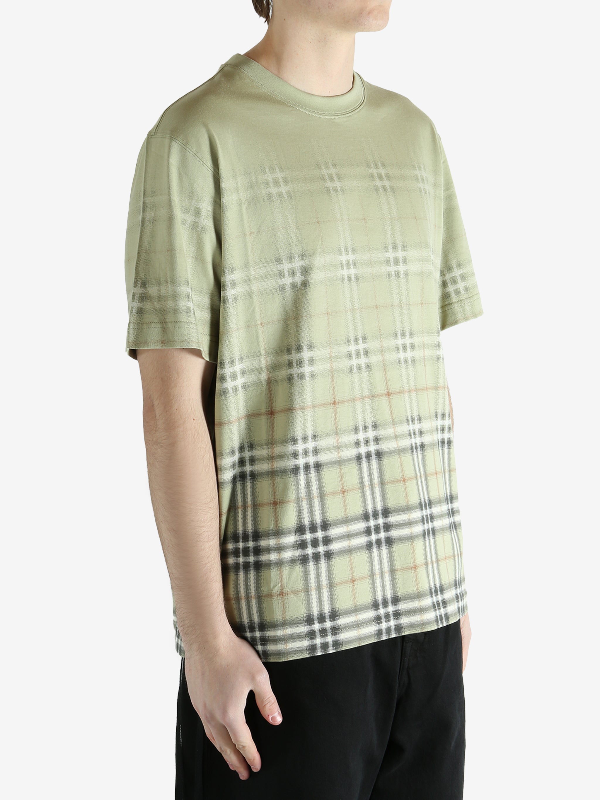 green t-shirt worn by a person, showing the t-shirt fit