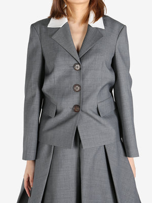 SHUSHU/TONG - Women Color Blocked Blazer with Bow Detail Collar