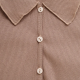 Close up of brown shirt, showing texture of the Recycled and Cotton fabric