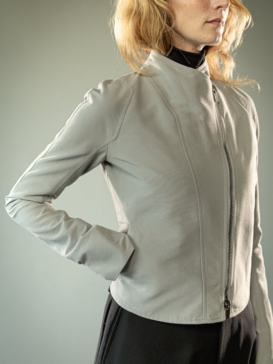 Close up of grey jacket, showing texture of the fabric