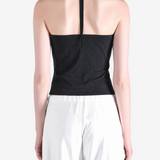 BLack tops worn a person,showing the tops fit