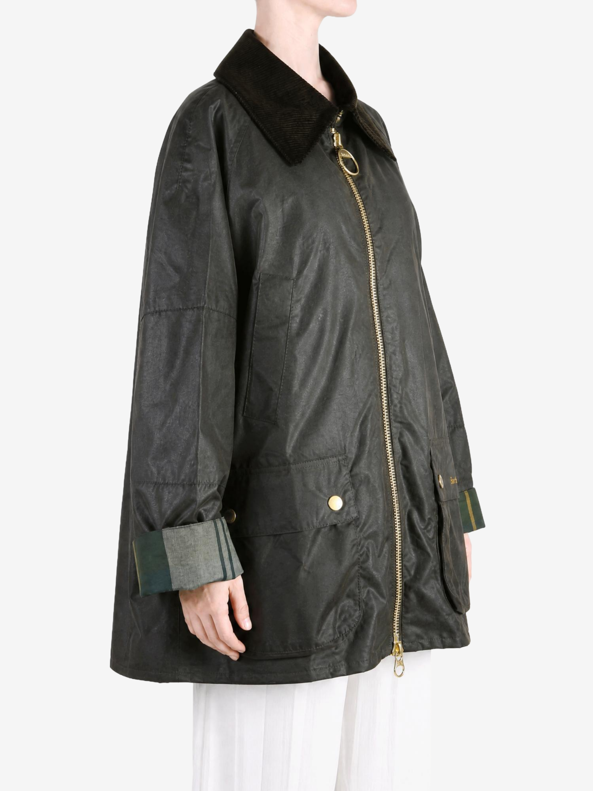 Green jacket worn by a person, showing the jacket fit