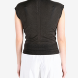 Brown top worn by a person, showing the top fit