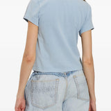 Blue top worn by a person, showing the top fit